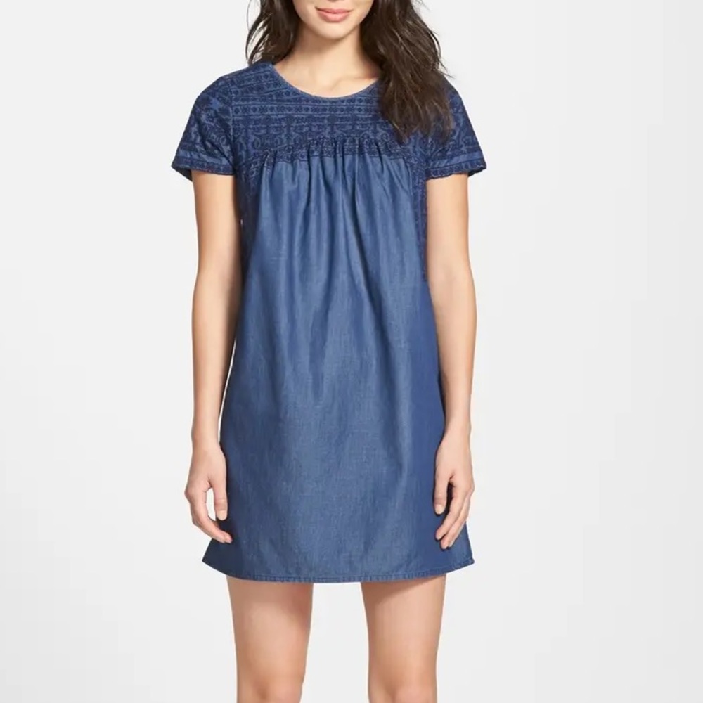 Lucky Brand Embroidered Chambray Shift Dress XS
